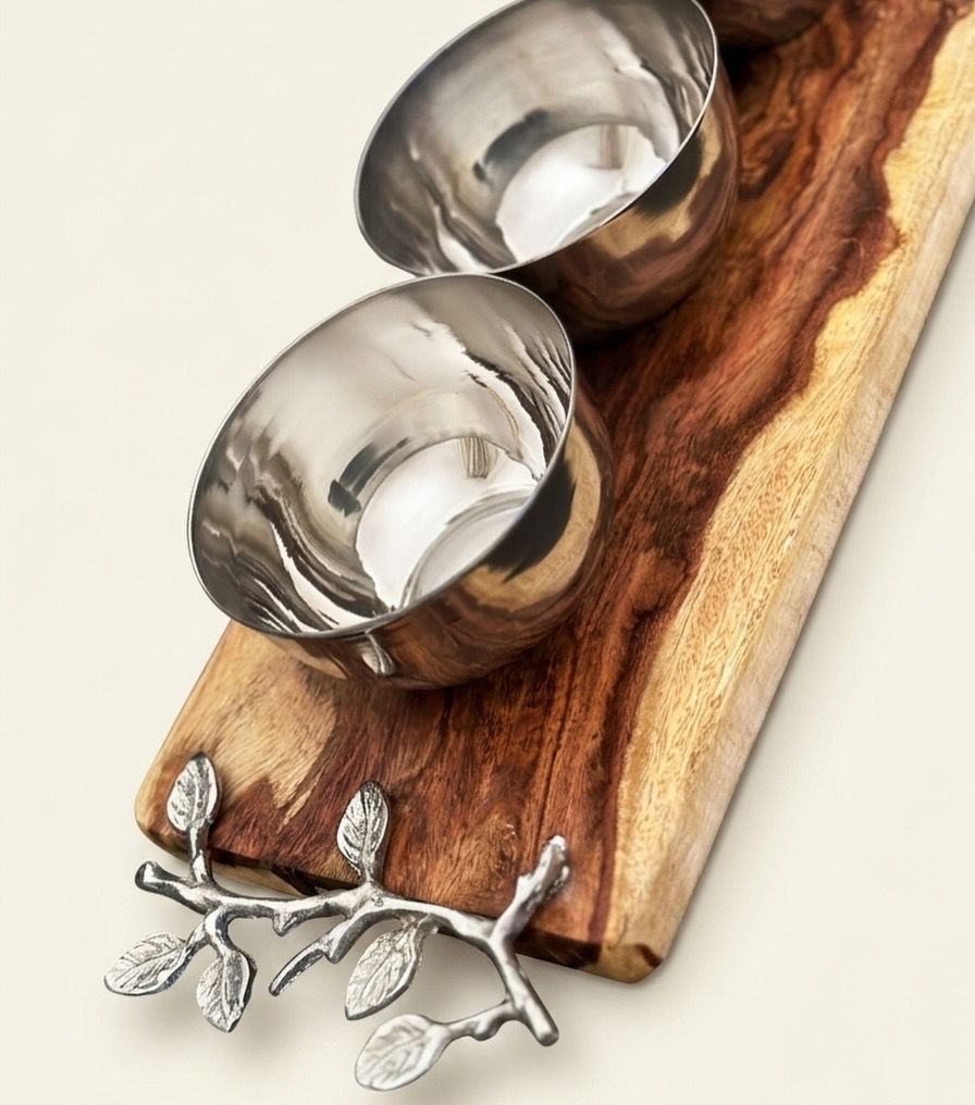 wood cheese platter with 3 bowls