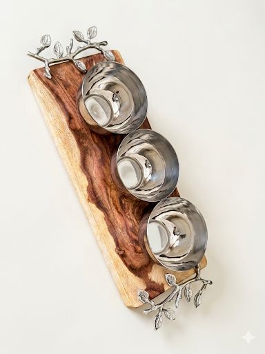 wood cheese platter with 3 bowls